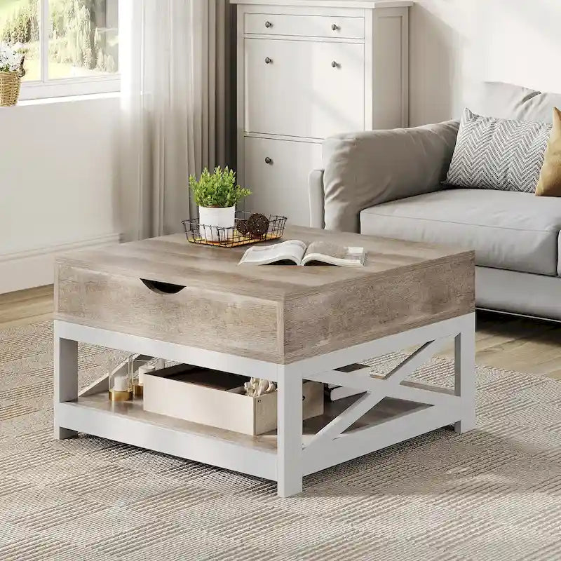 Tavolino quadrato con ripiano elevabile, contenitore e mensola Moasis Farmhouse