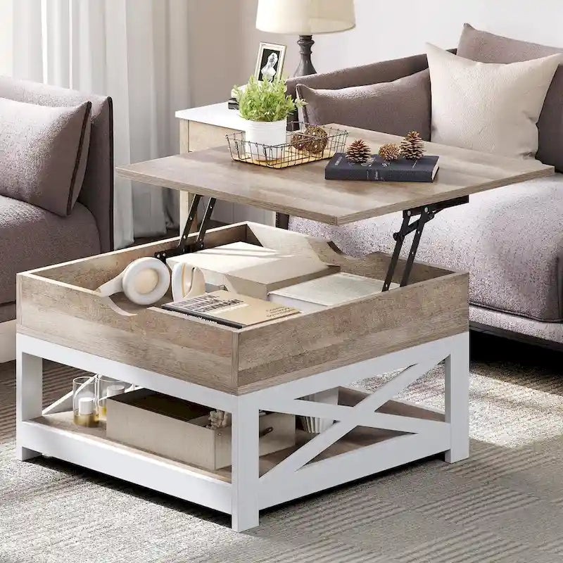 Tavolino quadrato con ripiano elevabile, contenitore e mensola Moasis Farmhouse