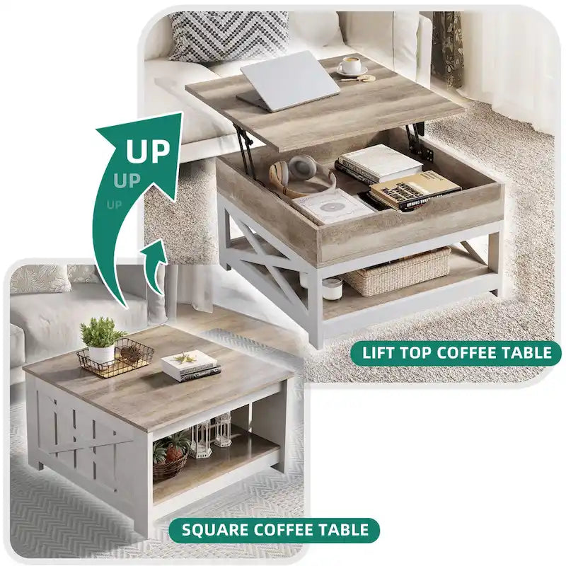 Tavolino quadrato con ripiano elevabile, contenitore e mensola Moasis Farmhouse