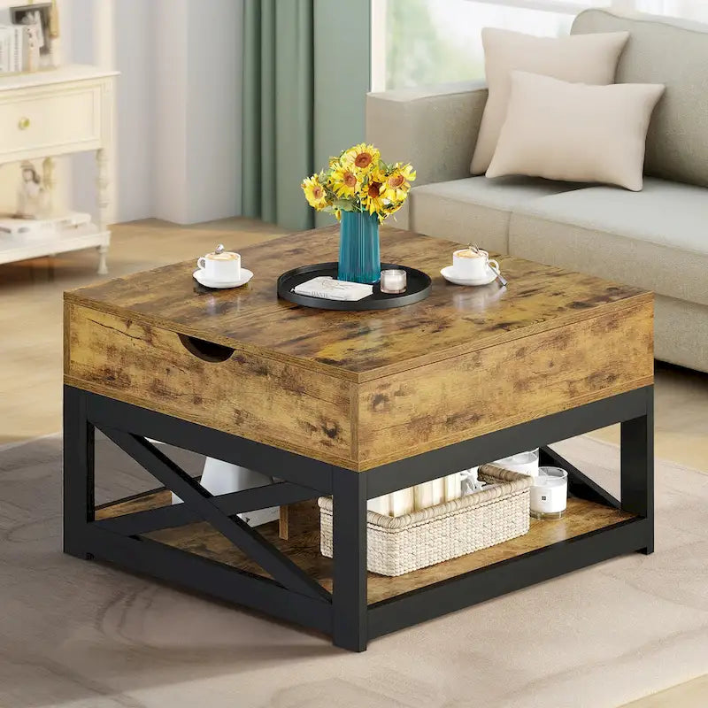 Tavolino quadrato con ripiano elevabile, contenitore e mensola Moasis Farmhouse