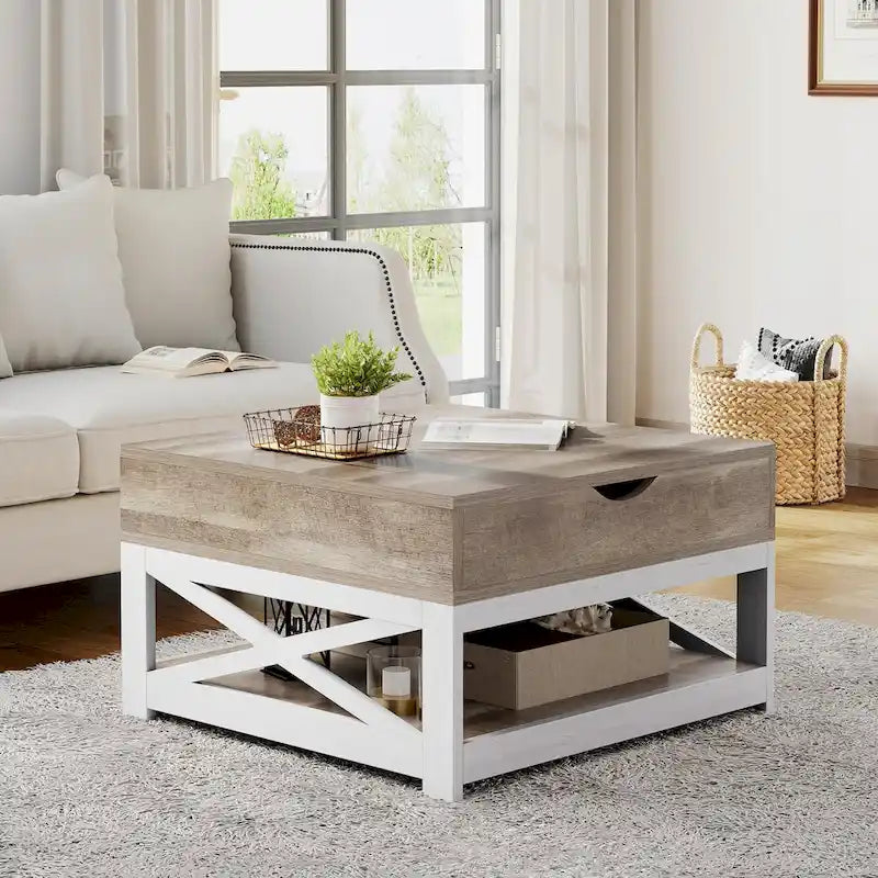 Tavolino quadrato con ripiano elevabile, contenitore e mensola Moasis Farmhouse