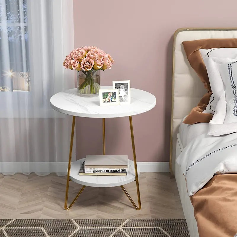 Tavolino Rotondo, Tavolino da Divano a 2 Livelli in Legno per Soggiorno Camera da Letto