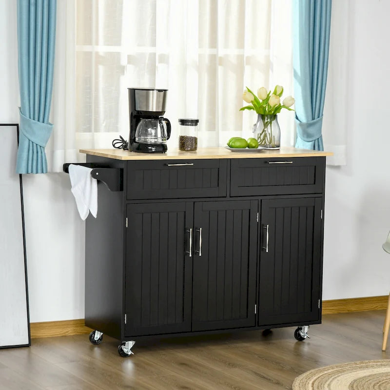 HOMCOM Îlot de cuisine moderne sur roulettes de 122 cm avec tiroirs de rangement, chariot de service roulant avec étagères réglables, armoires