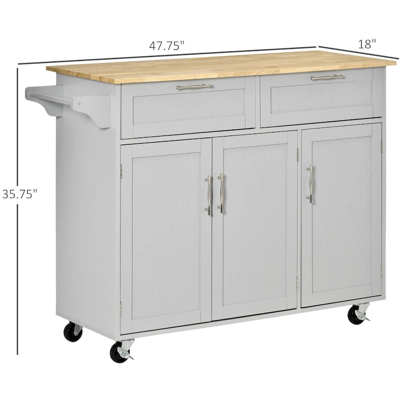 HOMCOM Îlot de cuisine moderne sur roulettes de 122 cm avec tiroirs de rangement, chariot de service roulant avec étagères réglables, armoires