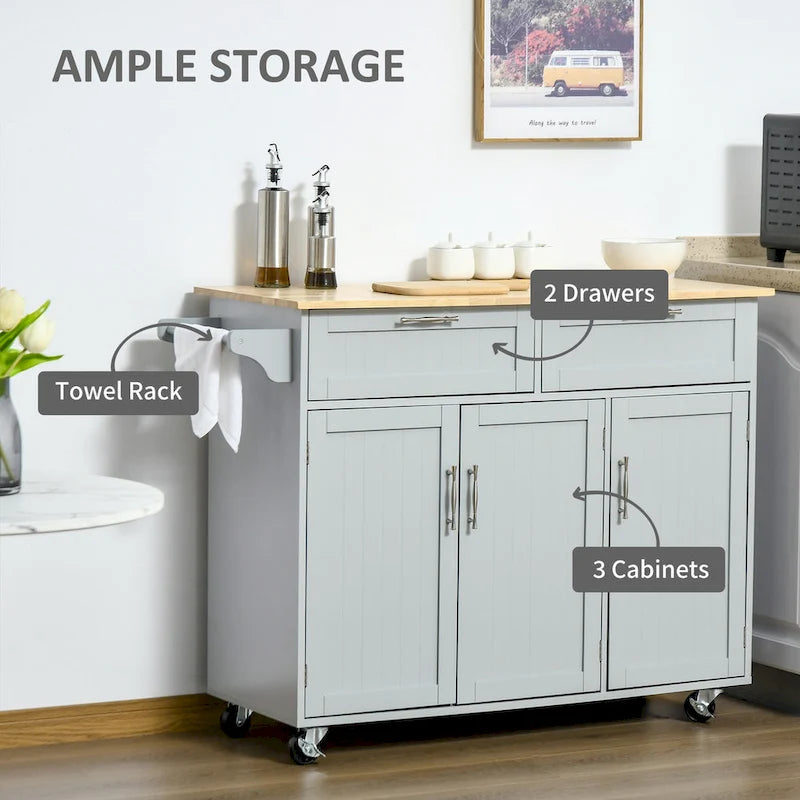 HOMCOM Îlot de cuisine moderne sur roulettes de 122 cm avec tiroirs de rangement, chariot de service roulant avec étagères réglables, armoires