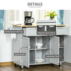 HOMCOM Îlot de cuisine moderne sur roulettes de 122 cm avec tiroirs de rangement, chariot de service roulant avec étagères réglables, armoires