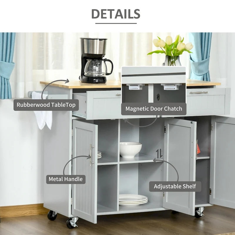 HOMCOM Îlot de cuisine moderne sur roulettes de 122 cm avec tiroirs de rangement, chariot de service roulant avec étagères réglables, armoires