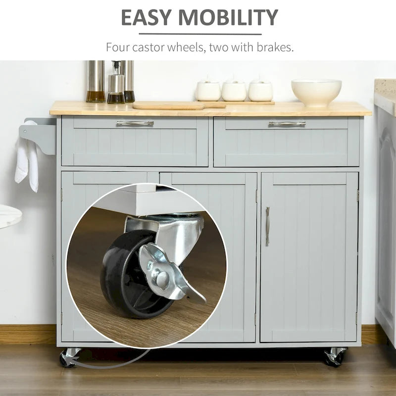 HOMCOM Îlot de cuisine moderne sur roulettes de 122 cm avec tiroirs de rangement, chariot de service roulant avec étagères réglables, armoires