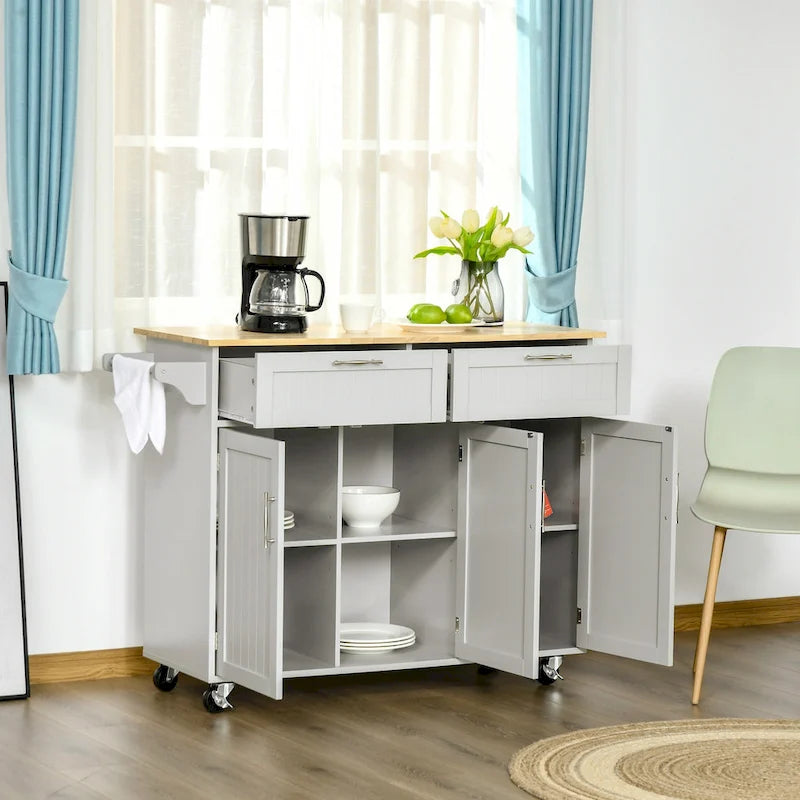 HOMCOM Îlot de cuisine moderne sur roulettes de 122 cm avec tiroirs de rangement, chariot de service roulant avec étagères réglables, armoires