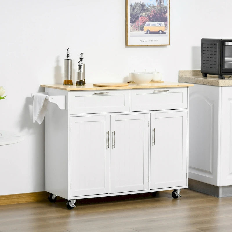 HOMCOM Îlot de cuisine moderne sur roulettes de 122 cm avec tiroirs de rangement, chariot de service roulant avec étagères réglables, armoires