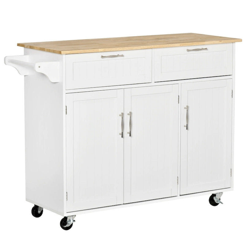 HOMCOM Îlot de cuisine moderne sur roulettes de 122 cm avec tiroirs de rangement, chariot de service roulant avec étagères réglables, armoires