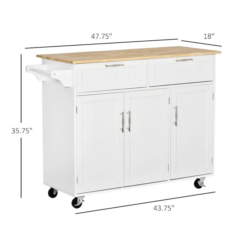 HOMCOM Îlot de cuisine moderne sur roulettes de 122 cm avec tiroirs de rangement, chariot de service roulant avec étagères réglables, armoires