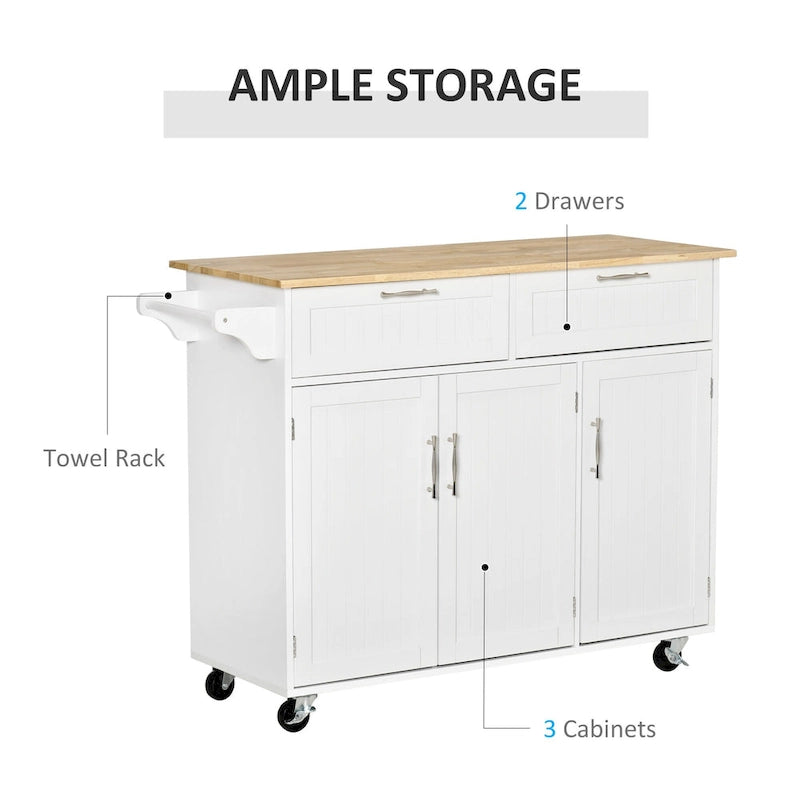 HOMCOM Îlot de cuisine moderne sur roulettes de 122 cm avec tiroirs de rangement, chariot de service roulant avec étagères réglables, armoires