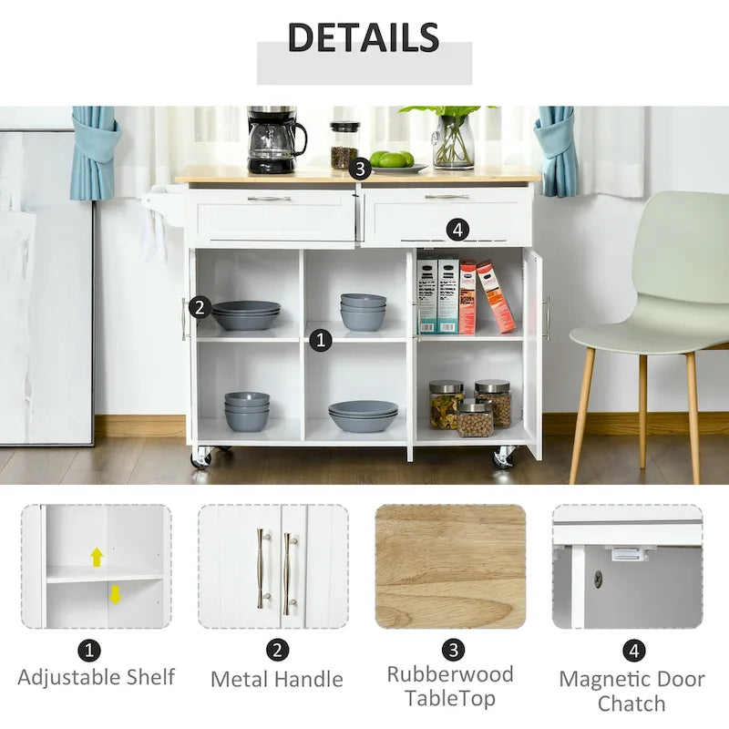HOMCOM Îlot de cuisine moderne sur roulettes de 122 cm avec tiroirs de rangement, chariot de service roulant avec étagères réglables, armoires