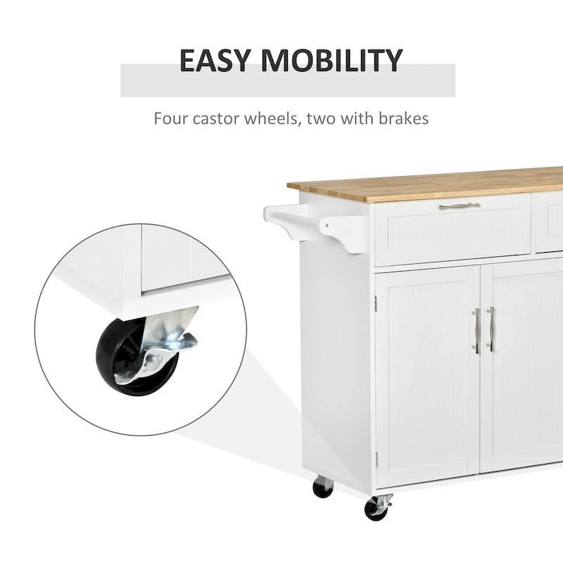 HOMCOM Îlot de cuisine moderne sur roulettes de 122 cm avec tiroirs de rangement, chariot de service roulant avec étagères réglables, armoires