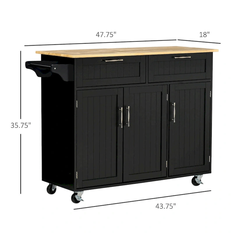 HOMCOM Îlot de cuisine moderne sur roulettes de 122 cm avec tiroirs de rangement, chariot de service roulant avec étagères réglables, armoires
