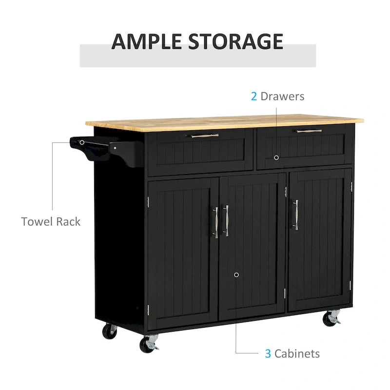 HOMCOM Îlot de cuisine moderne sur roulettes de 122 cm avec tiroirs de rangement, chariot de service roulant avec étagères réglables, armoires
