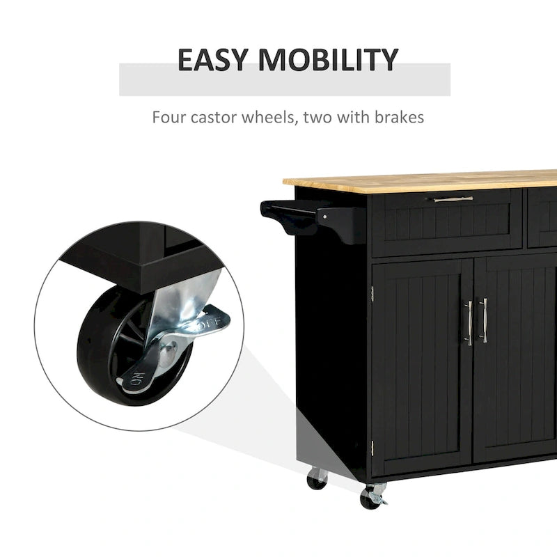 HOMCOM Îlot de cuisine moderne sur roulettes de 122 cm avec tiroirs de rangement, chariot de service roulant avec étagères réglables, armoires