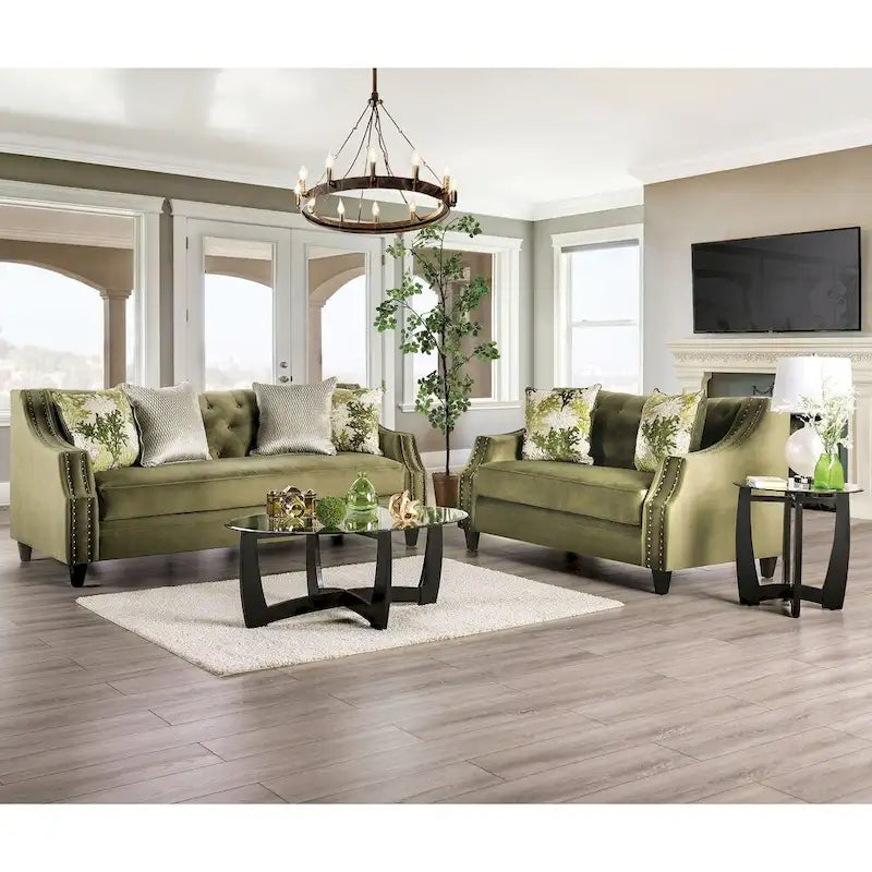 Divano Olie con rivestimento in tessuto verde transizionale e schienale trapuntato di Furniture of America