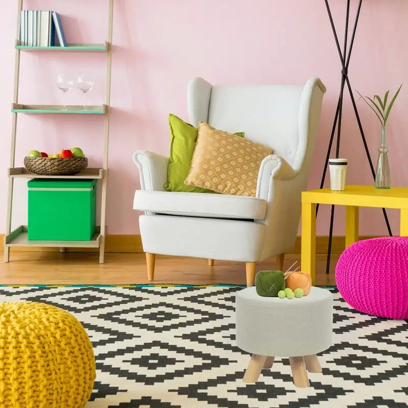 Repose-pieds/Pouf rond moderne en tissu de lin Adeco