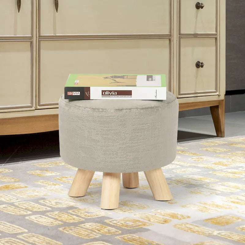 Repose-pieds/Pouf rond moderne en tissu de lin Adeco
