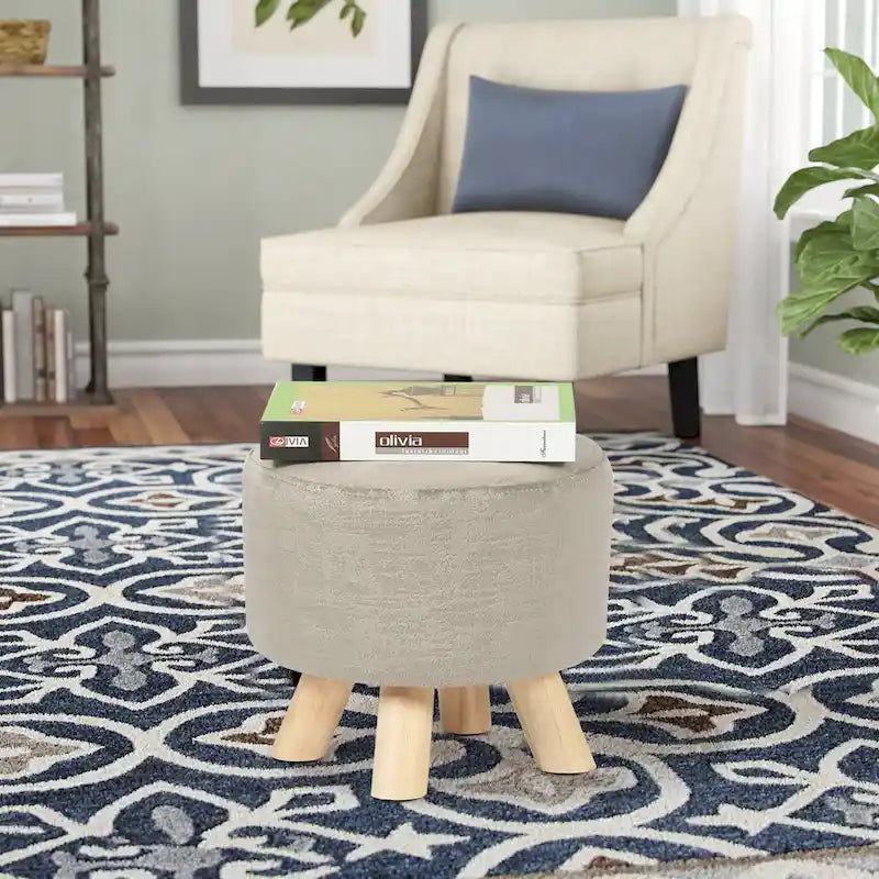 Repose-pieds/Pouf rond moderne en tissu de lin Adeco