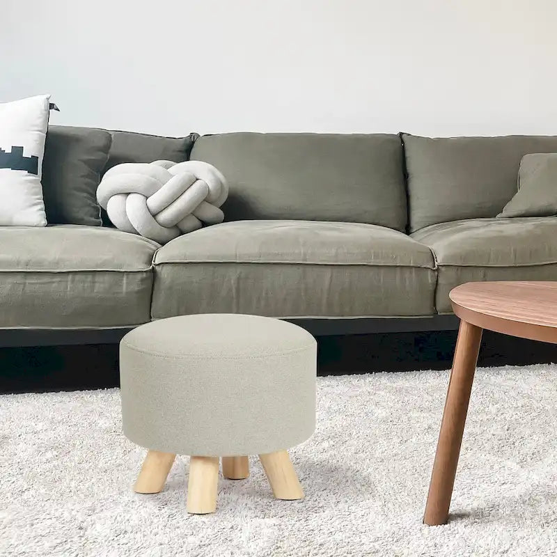 Repose-pieds/Pouf rond moderne en tissu de lin Adeco