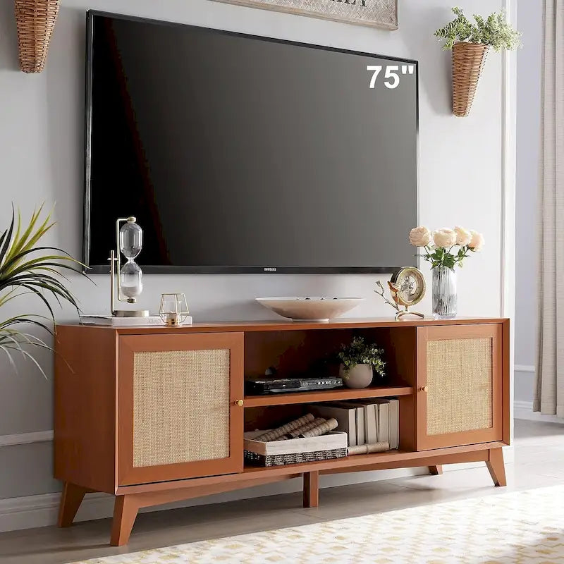 Mobile TV in Rattan Moderno di Metà Secolo per TV da 75 Pollici, Centro Intrattenimento