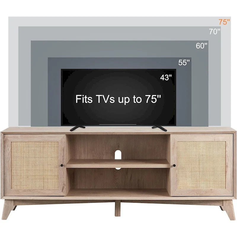 Mobile TV in Rattan Moderno di Metà Secolo per TV da 75 Pollici, Centro Intrattenimento