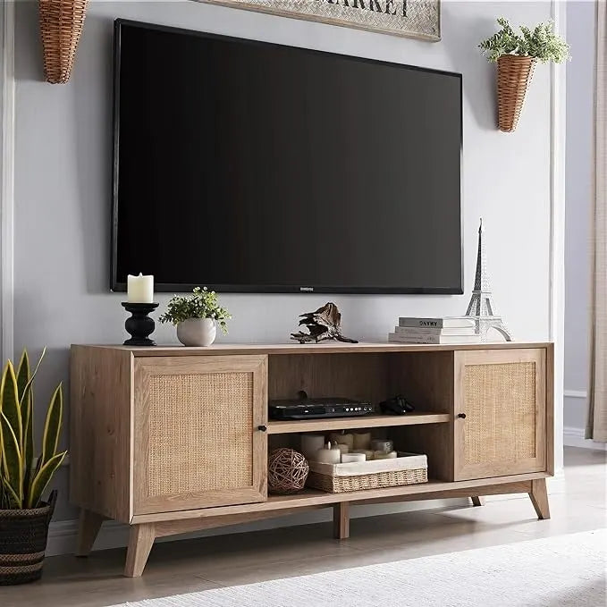 Mobile TV in Rattan Moderno di Metà Secolo per TV da 75 Pollici, Centro Intrattenimento