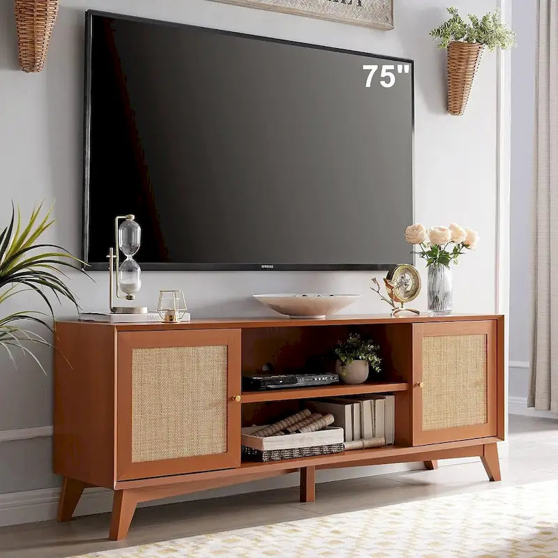 Mobile TV in Rattan Moderno di Metà Secolo per TV da 75 Pollici, Centro Intrattenimento