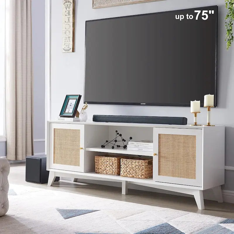 Mobile TV in Rattan Moderno di Metà Secolo per TV da 75 Pollici, Centro Intrattenimento