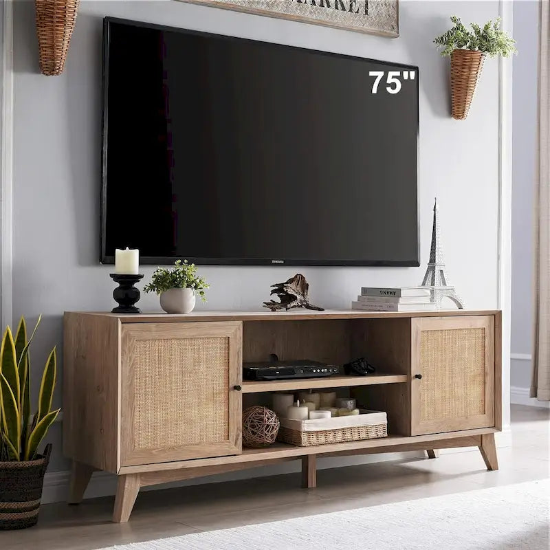 Mobile TV in Rattan Moderno di Metà Secolo per TV da 75 Pollici, Centro Intrattenimento