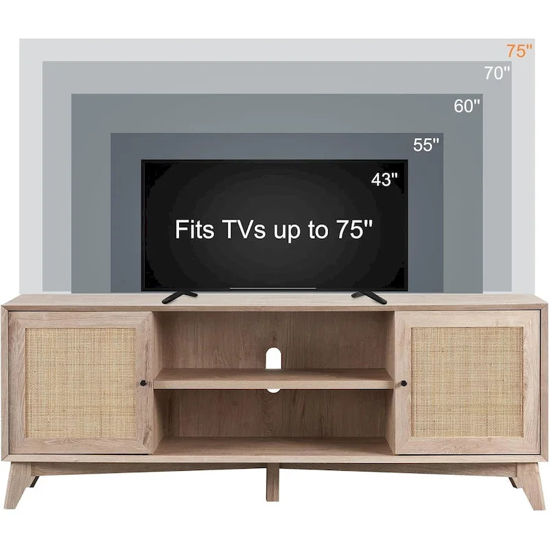 Mobile TV in Rattan Moderno di Metà Secolo per TV da 75 Pollici, Centro Intrattenimento