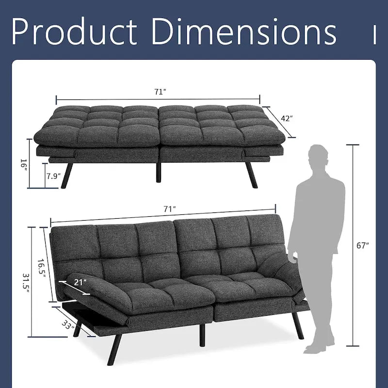 Divano Letto Futon, Divano Trasformabile Moderno con Braccioli Regolabili per Monolocale, Ufficio, Appartamento, Soggiorno Compatto