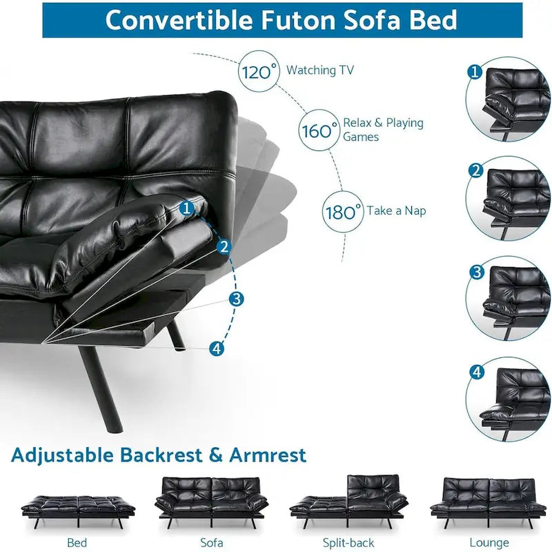 Divano Letto Futon, Divano Trasformabile Moderno con Braccioli Regolabili per Monolocale, Ufficio, Appartamento, Soggiorno Compatto
