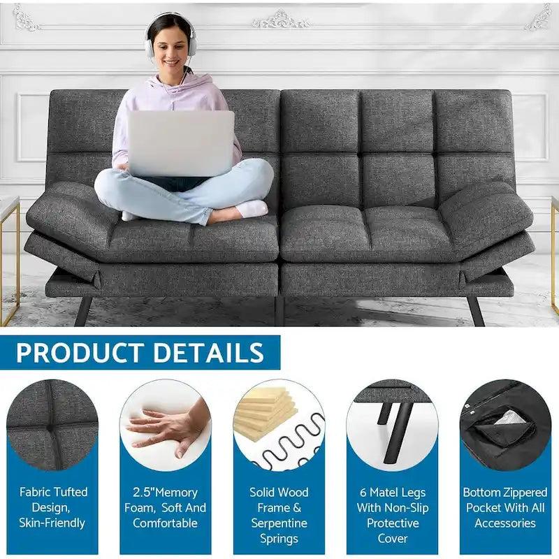 Divano Letto Futon, Divano Trasformabile Moderno con Braccioli Regolabili per Monolocale, Ufficio, Appartamento, Soggiorno Compatto