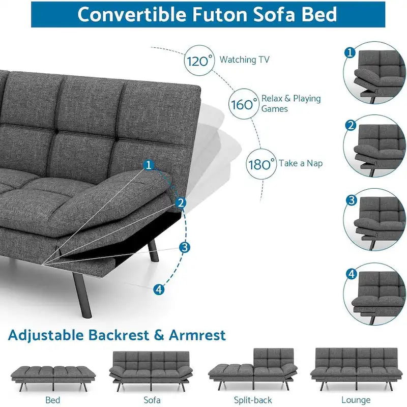Divano Letto Futon, Divano Trasformabile Moderno con Braccioli Regolabili per Monolocale, Ufficio, Appartamento, Soggiorno Compatto