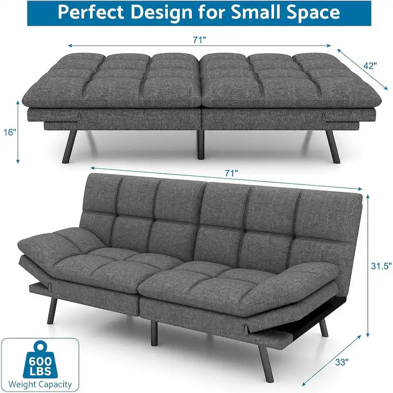 Divano Letto Futon, Divano Trasformabile Moderno con Braccioli Regolabili per Monolocale, Ufficio, Appartamento, Soggiorno Compatto