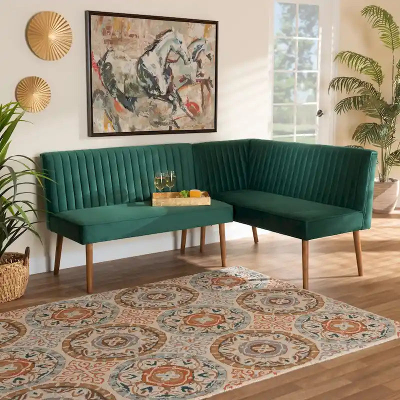 Set panca ad angolo da pranzo Alvis Mid-Century in velluto (2 pezzi)