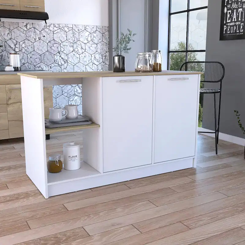 TUHOME Îlot de cuisine Juniper avec grande surface de travail, placard à double porte et étagères ouvertes