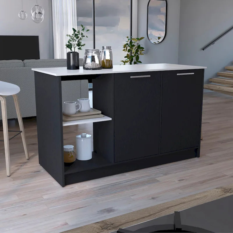 TUHOME Îlot de cuisine Juniper avec grande surface de travail, placard à double porte et étagères ouvertes