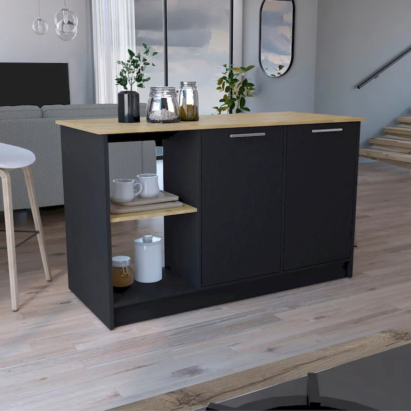 TUHOME Îlot de cuisine Juniper avec grande surface de travail, placard à double porte et étagères ouvertes