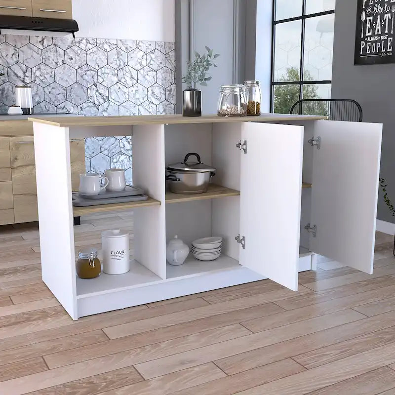 TUHOME Isola Cucina Juniper con Grande Superficie Superiore, Armadio a Due Ante e Ripiani Aperti