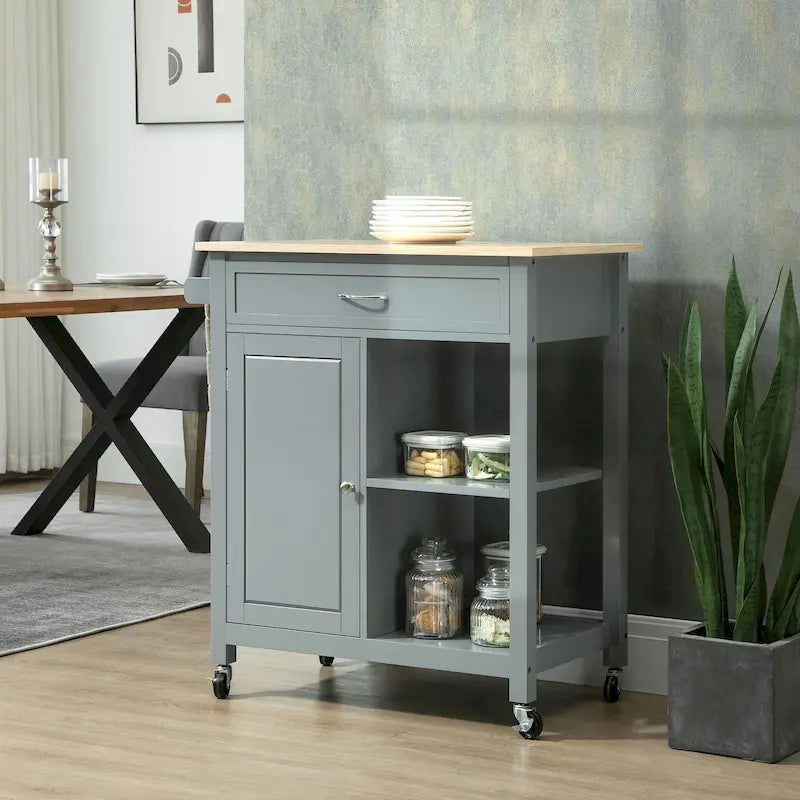HOMCOM Chariot de cuisine, desserte à roulettes avec plateau en bois, étagère ouverte et tiroir de rangement pour salle à manger, cuisine