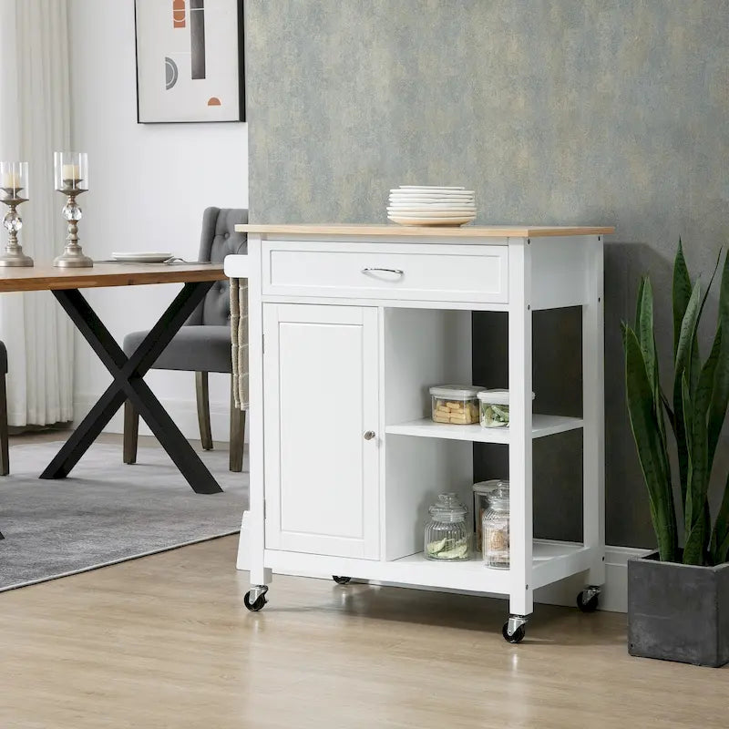 HOMCOM Carrello da Cucina, Carrello Utensili su Ruote con Top in Legno, Ripiano Aperto e Cassetto Contenitore per Sala da Pranzo, Cucina