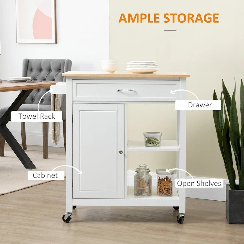 HOMCOM Chariot de cuisine, desserte à roulettes avec plateau en bois, étagère ouverte et tiroir de rangement pour salle à manger, cuisine
