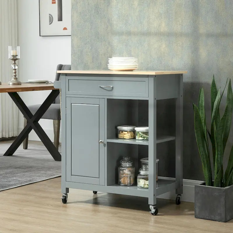 HOMCOM Chariot de cuisine, desserte à roulettes avec plateau en bois, étagère ouverte et tiroir de rangement pour salle à manger, cuisine
