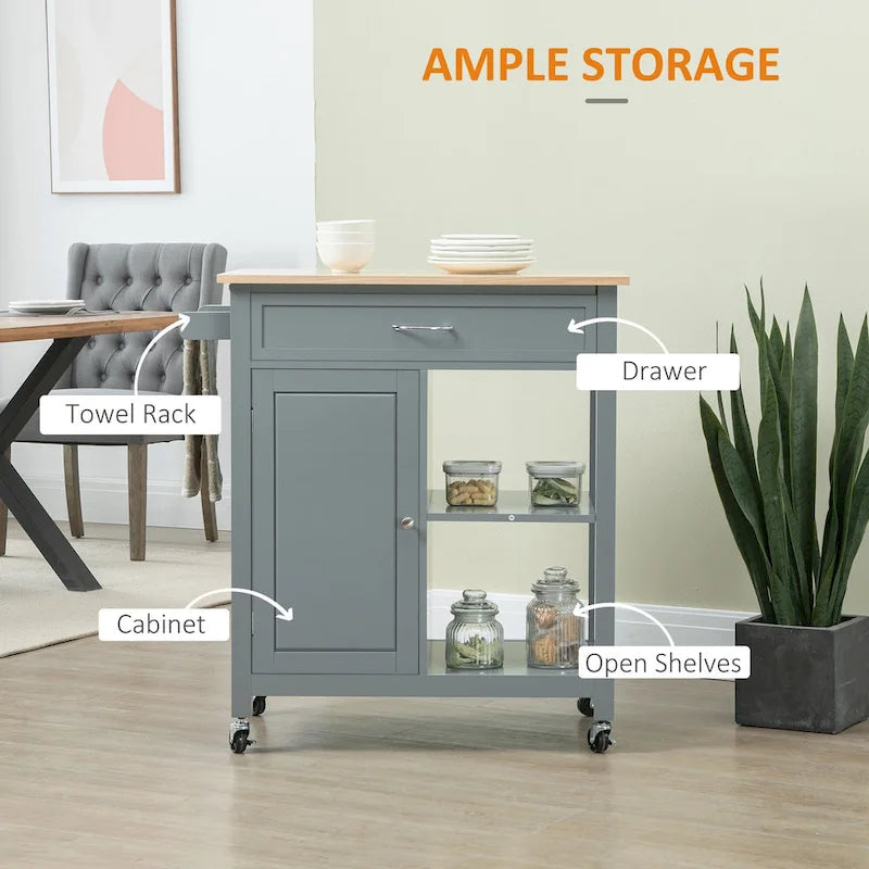 HOMCOM Chariot de cuisine, desserte à roulettes avec plateau en bois, étagère ouverte et tiroir de rangement pour salle à manger, cuisine