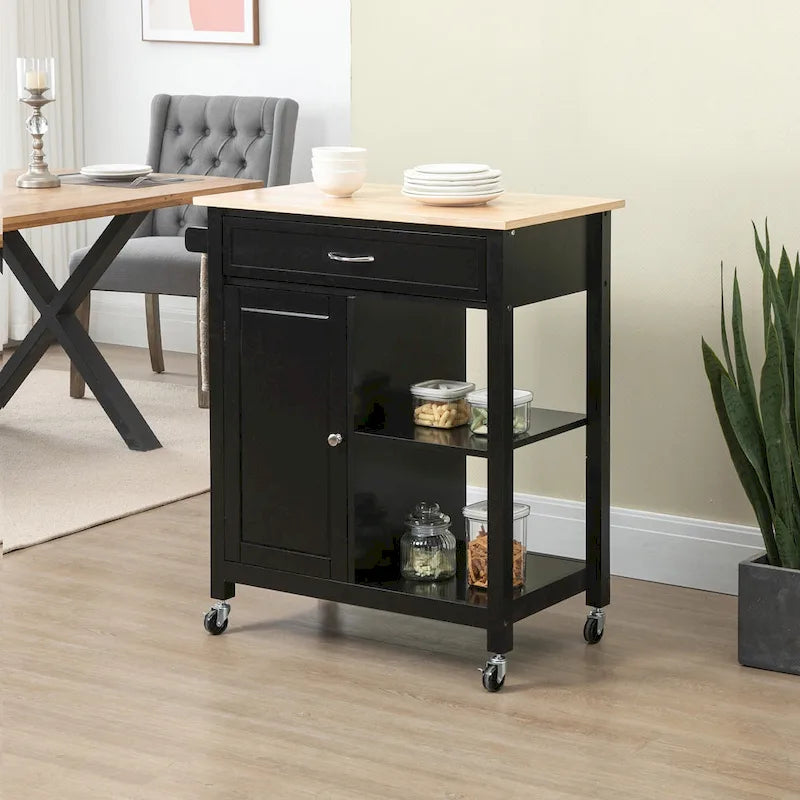 HOMCOM Chariot de cuisine, desserte à roulettes avec plateau en bois, étagère ouverte et tiroir de rangement pour salle à manger, cuisine